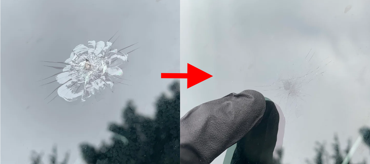 Before and after repairing a large complex break from a stone impact.